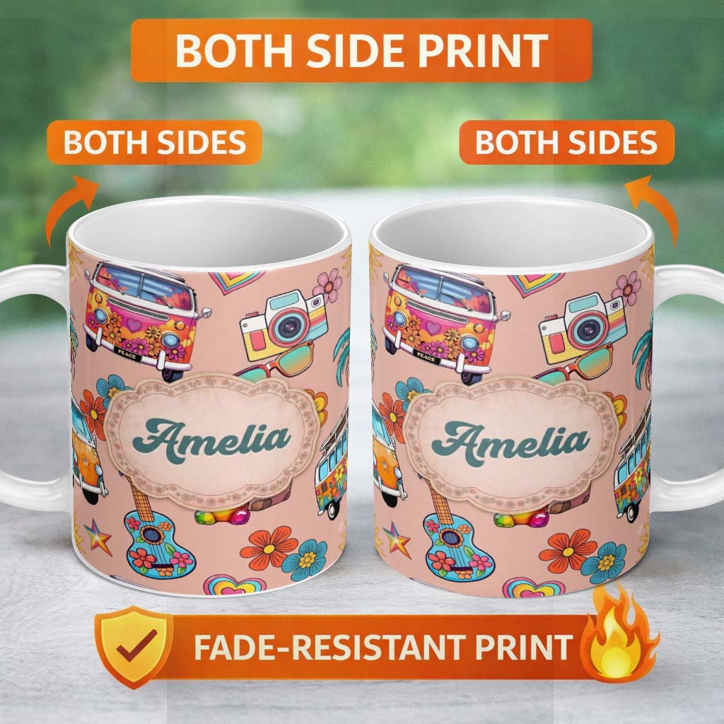 Personalized Custom Name Hippie Van Camera Guitar Floral Travel Peach Background Seamless 11oz Ceramic Coffee Tea Mug White Large Handle