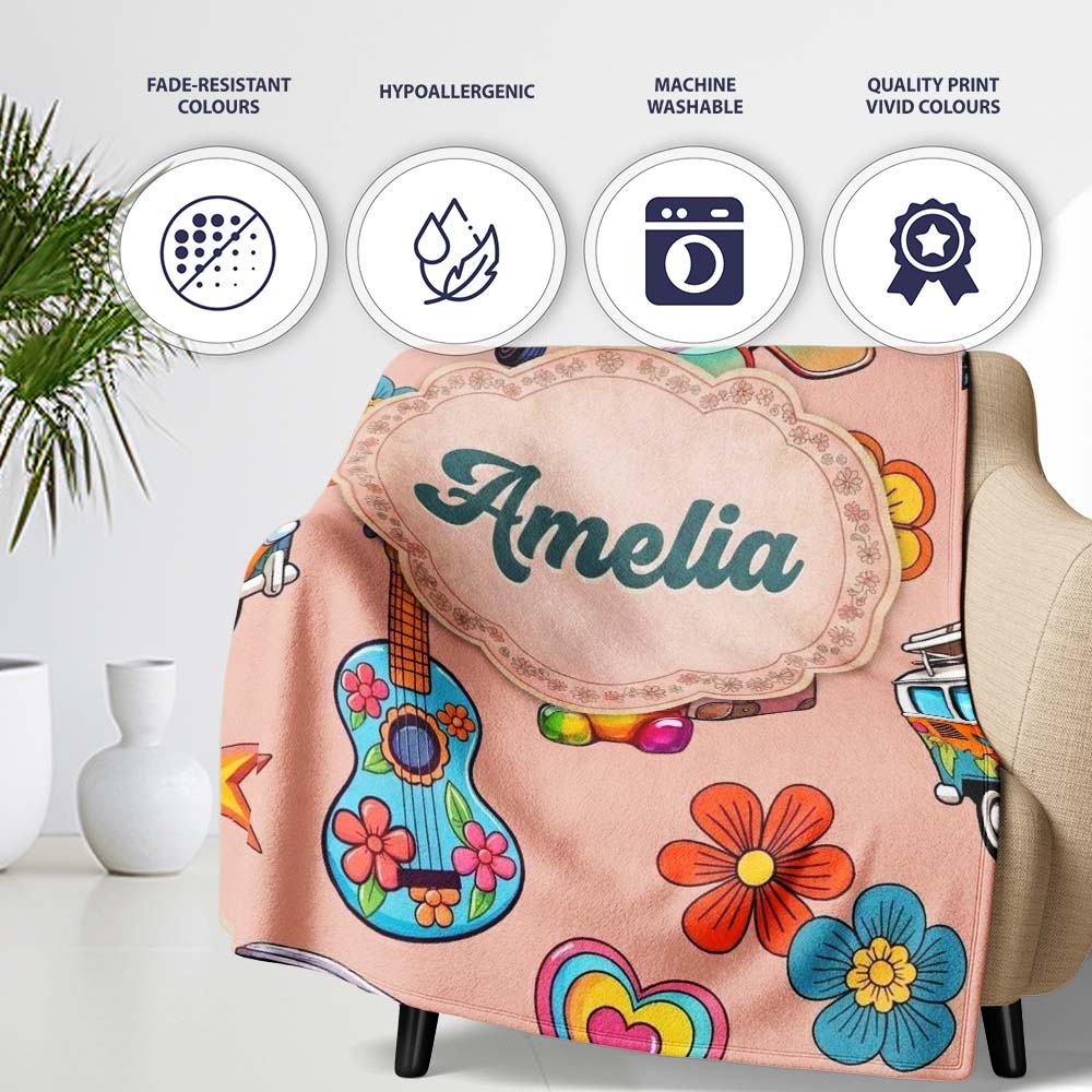Hippie Van Camera Guitar Floral Travel Peach Background Seamless  Personalised Custom Name Super Soft Fleece Blanket Bed Sofa Throw