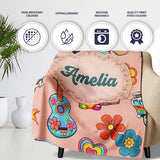Hippie Van Camera Guitar Floral Travel Peach Background Seamless  Personalised Custom Name Super Soft Fleece Blanket Bed Sofa Throw