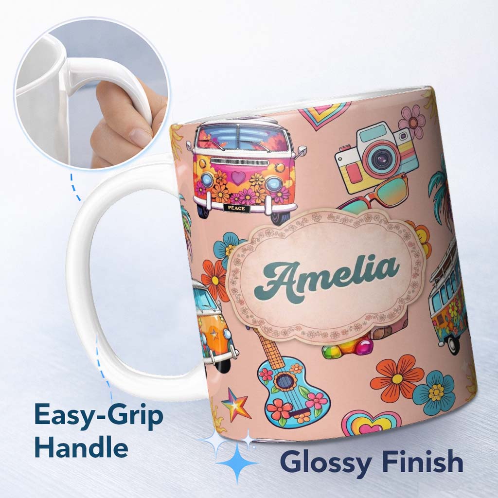 Personalized Custom Name Hippie Van Camera Guitar Floral Travel Peach Background Seamless 11oz Ceramic Coffee Tea Mug White Large Handle