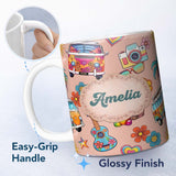 Personalized Custom Name Hippie Van Camera Guitar Floral Travel Peach Background Seamless 11oz Ceramic Coffee Tea Mug White Large Handle