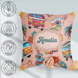 Custom Name Hippie Camera Guitar Floral Travel Peach Background Square Filled Cushion Throw Pillow Sofa Bed Home Decor Zip Washable UK Made
