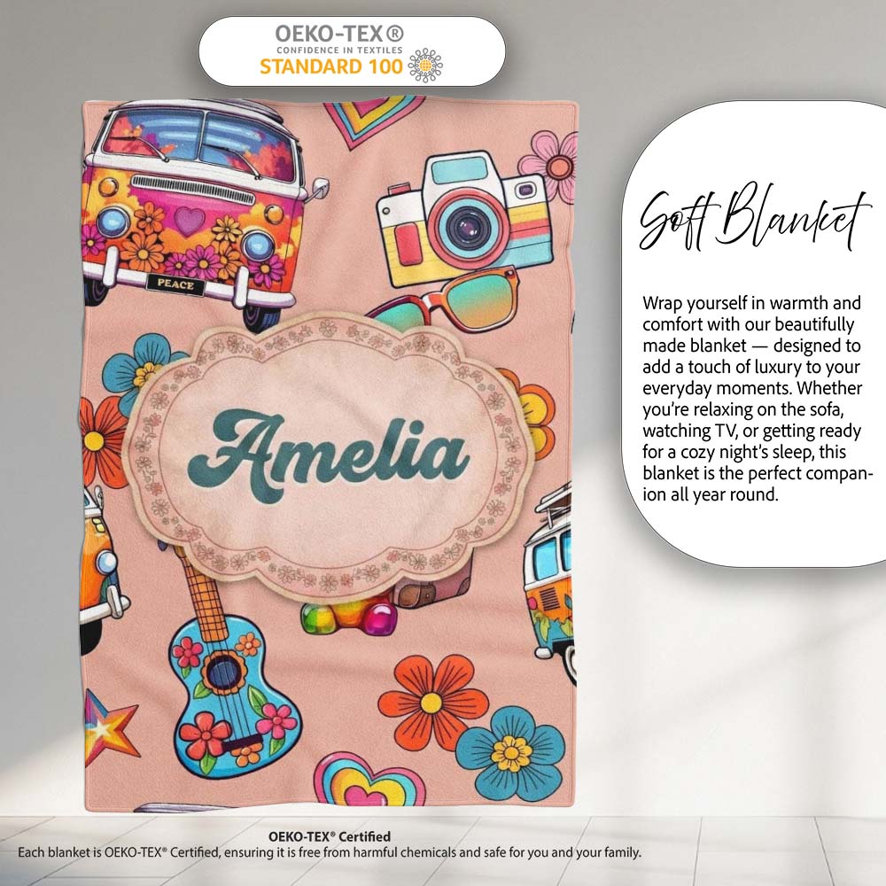 Hippie Van Camera Guitar Floral Travel Peach Background Seamless  Personalised Custom Name Super Soft Fleece Blanket Bed Sofa Throw
