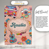 Hippie Van Camera Guitar Floral Travel Peach Background Seamless  Personalised Custom Name Super Soft Fleece Blanket Bed Sofa Throw
