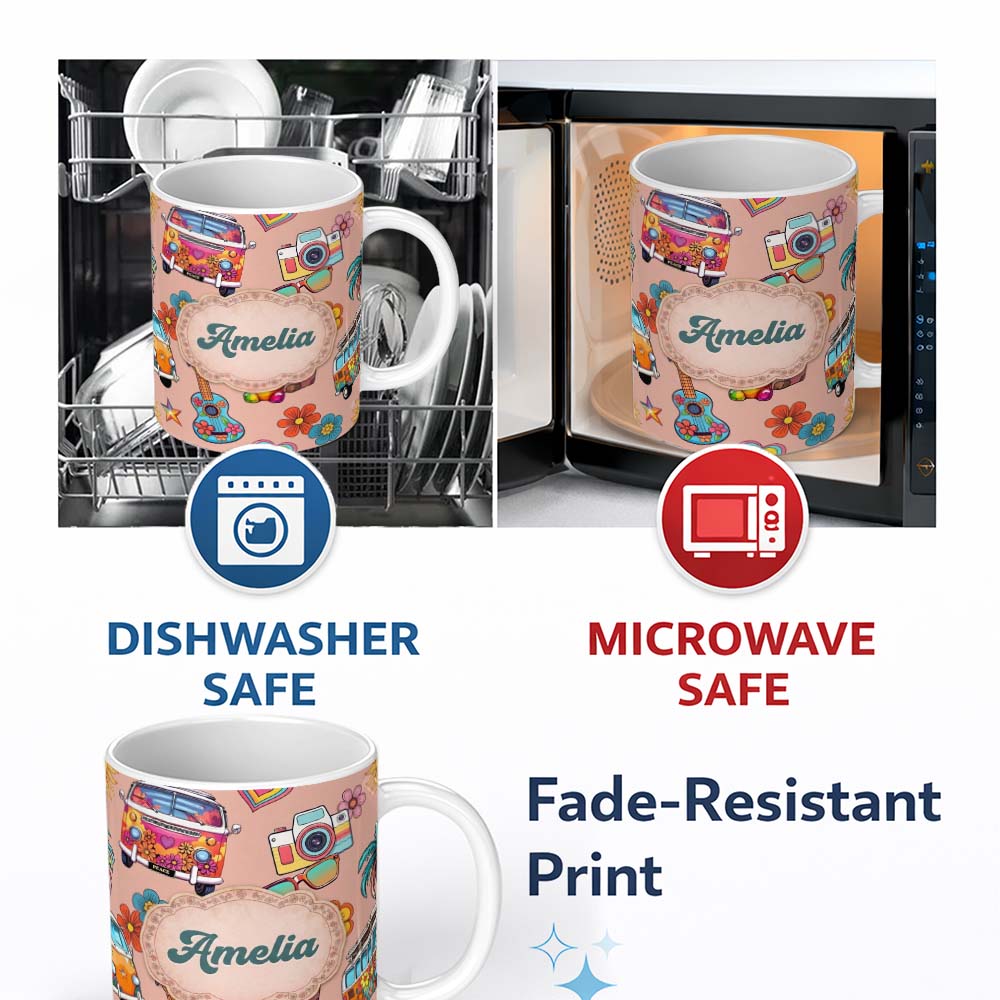 Personalized Custom Name Hippie Van Camera Guitar Floral Travel Peach Background Seamless 11oz Ceramic Coffee Tea Mug White Large Handle