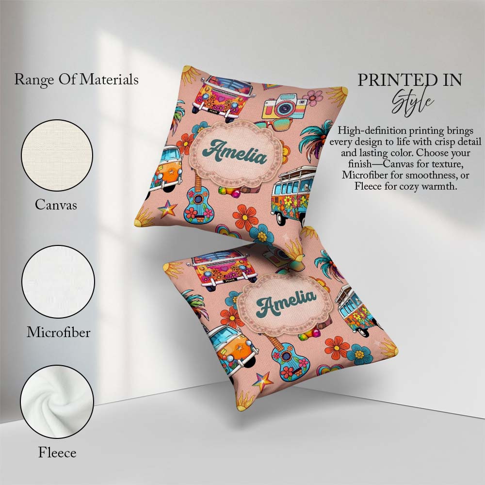 Custom Name Hippie Camera Guitar Floral Travel Peach Background Square Filled Cushion Throw Pillow Sofa Bed Home Decor Zip Washable UK Made