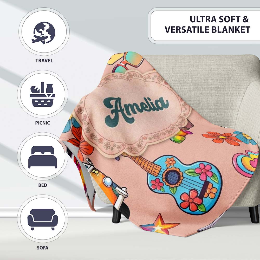 Hippie Van Camera Guitar Floral Travel Peach Background Seamless  Personalised Custom Name Super Soft Fleece Blanket Bed Sofa Throw
