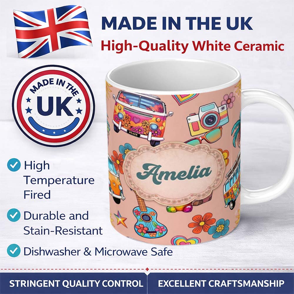 Personalized Custom Name Hippie Van Camera Guitar Floral Travel Peach Background Seamless 11oz Ceramic Coffee Tea Mug White Large Handle