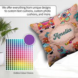 Custom Name Hippie Camera Guitar Floral Travel Peach Background Square Filled Cushion Throw Pillow Sofa Bed Home Decor Zip Washable UK Made