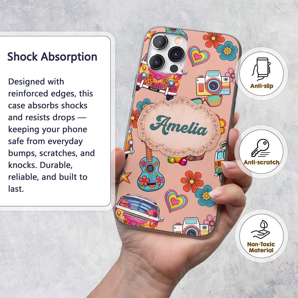 Hippie Van Camera Guitar Floral Travel Peach Custom Name Protective Phone Case Mobile Cover Durable Everyday Smartphone Shock Resistant