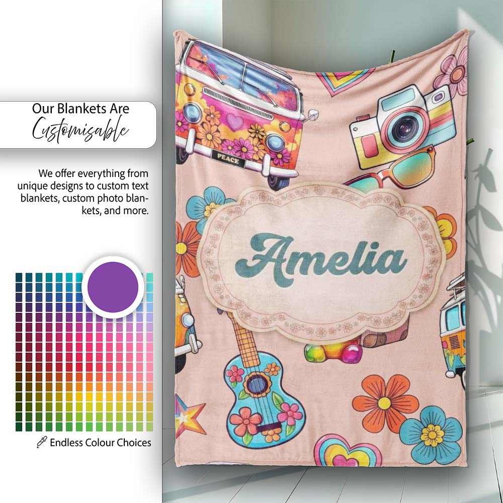 Hippie Van Camera Guitar Floral Travel Peach Background Seamless  Personalised Custom Name Super Soft Fleece Blanket Bed Sofa Throw