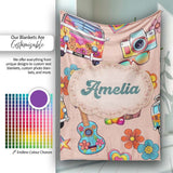 Hippie Van Camera Guitar Floral Travel Peach Background Seamless  Personalised Custom Name Super Soft Fleece Blanket Bed Sofa Throw