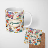 Personalized Custom Name Hippie Van Camera Guitar Floral Travel Cream Background Seamless 11oz Ceramic Coffee Tea Mug White Large Handle