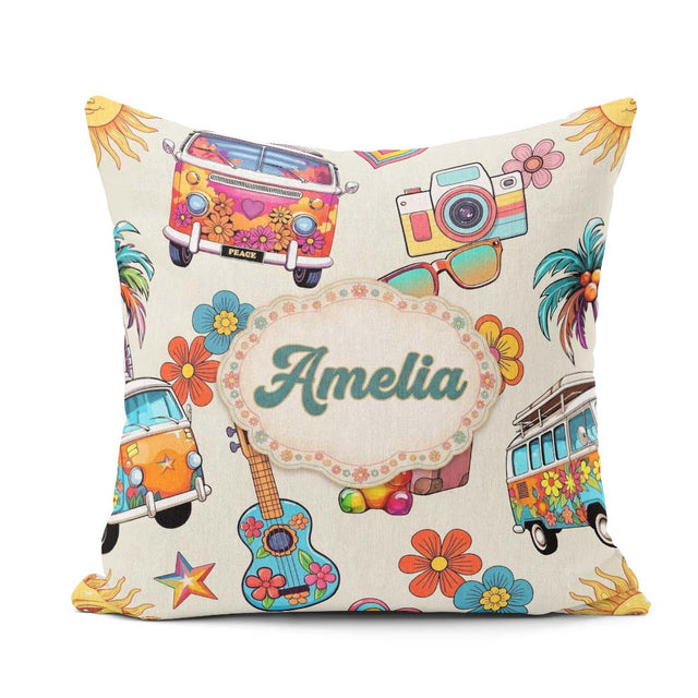 Custom Name Hippie Camera Guitar Floral Travel Cream Background Square Filled Cushion Throw Pillow Sofa Bed Home Decor Zip Washable UK Made