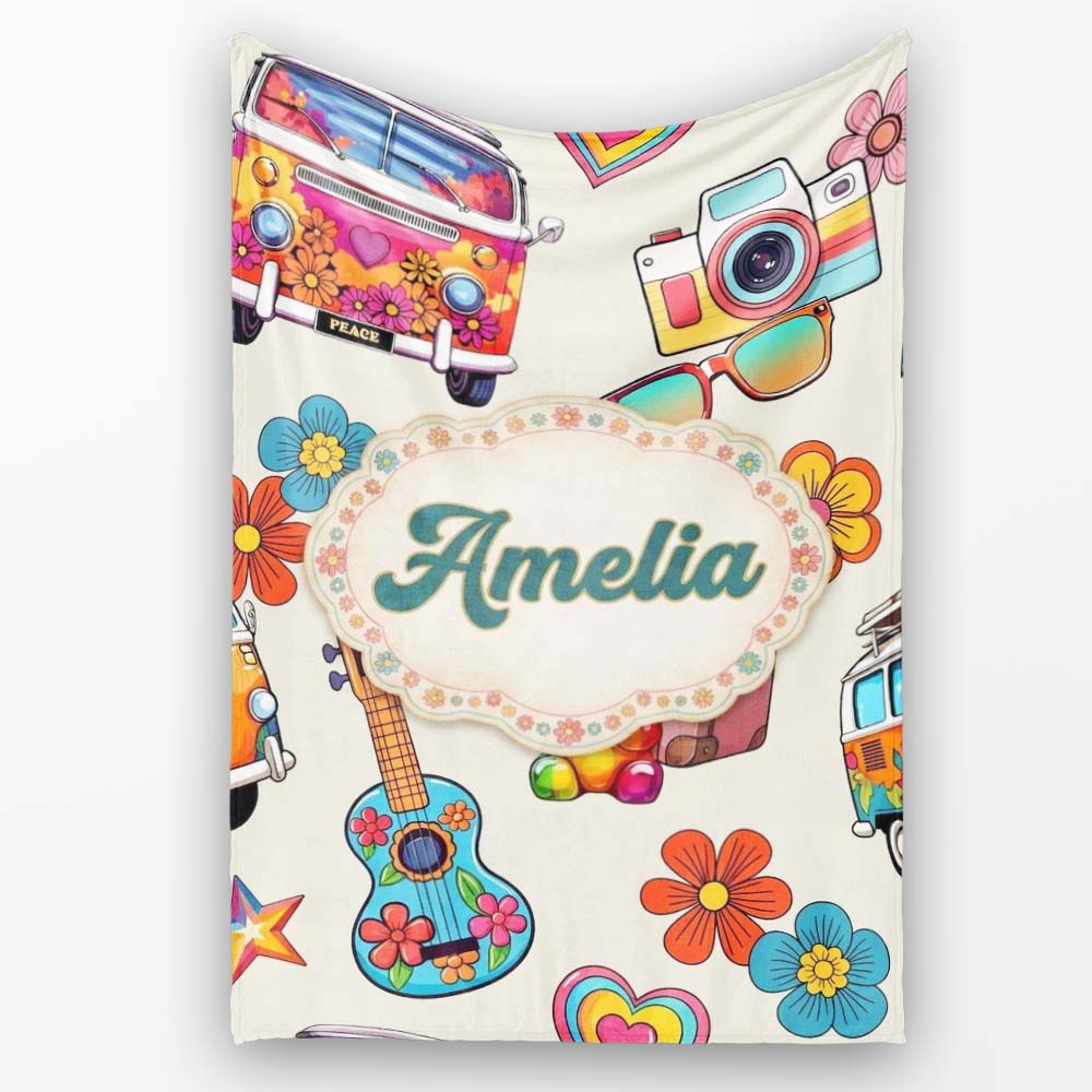 Hippie Van Camera Guitar Floral Travel Cream Background Seamless  Personalised Custom Name Super Soft Fleece Blanket Bed Sofa Throw