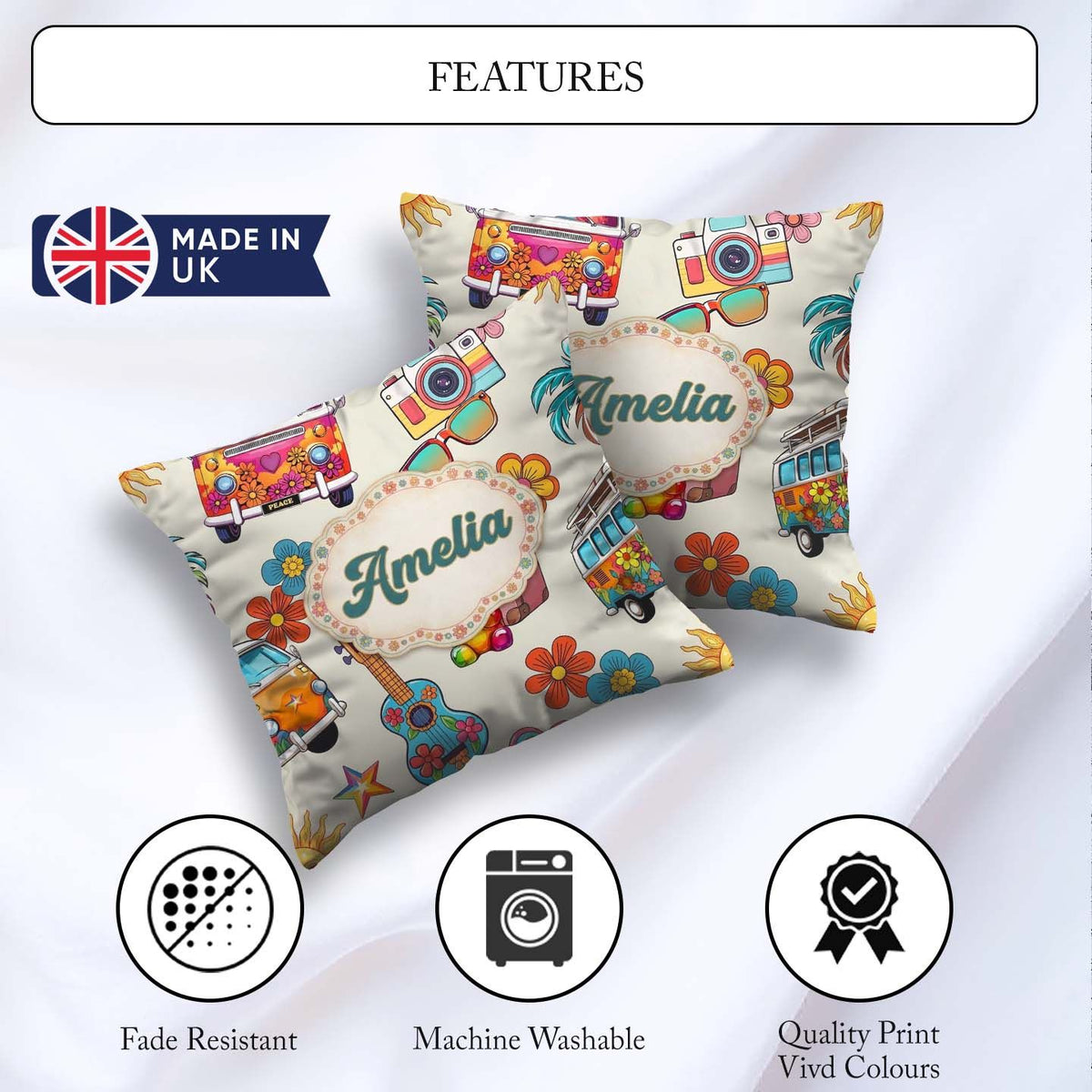 Custom Name Hippie Camera Guitar Floral Travel Cream Background Square Filled Cushion Throw Pillow Sofa Bed Home Decor Zip Washable UK Made