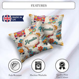 Custom Name Hippie Camera Guitar Floral Travel Cream Background Square Filled Cushion Throw Pillow Sofa Bed Home Decor Zip Washable UK Made