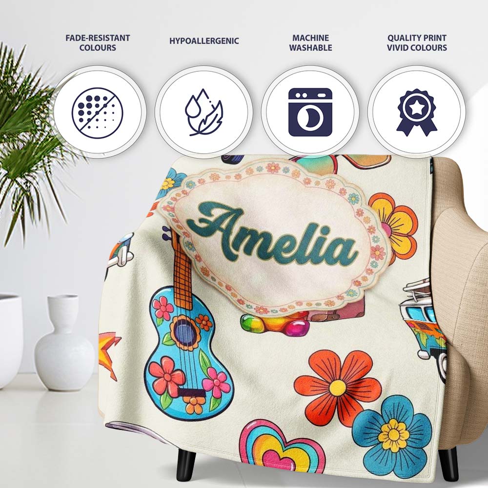 Hippie Van Camera Guitar Floral Travel Cream Background Seamless  Personalised Custom Name Super Soft Fleece Blanket Bed Sofa Throw