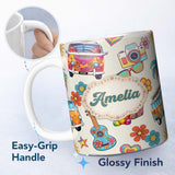 Personalized Custom Name Hippie Van Camera Guitar Floral Travel Cream Background Seamless 11oz Ceramic Coffee Tea Mug White Large Handle