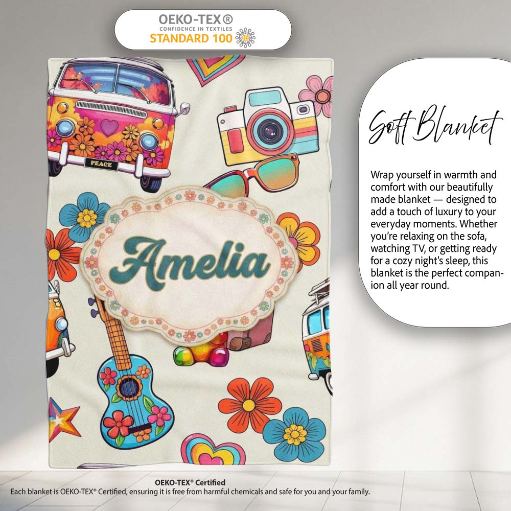 Hippie Van Camera Guitar Floral Travel Cream Background Seamless  Personalised Custom Name Super Soft Fleece Blanket Bed Sofa Throw