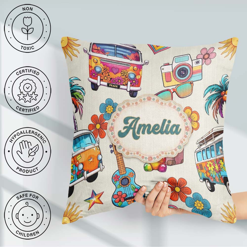Custom Name Hippie Camera Guitar Floral Travel Cream Background Square Filled Cushion Throw Pillow Sofa Bed Home Decor Zip Washable UK Made