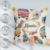Custom Name Hippie Camera Guitar Floral Travel Cream Background Square Filled Cushion Throw Pillow Sofa Bed Home Decor Zip Washable UK Made