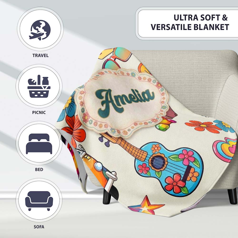 Hippie Van Camera Guitar Floral Travel Cream Background Seamless  Personalised Custom Name Super Soft Fleece Blanket Bed Sofa Throw