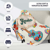 Hippie Van Camera Guitar Floral Travel Cream Background Seamless  Personalised Custom Name Super Soft Fleece Blanket Bed Sofa Throw