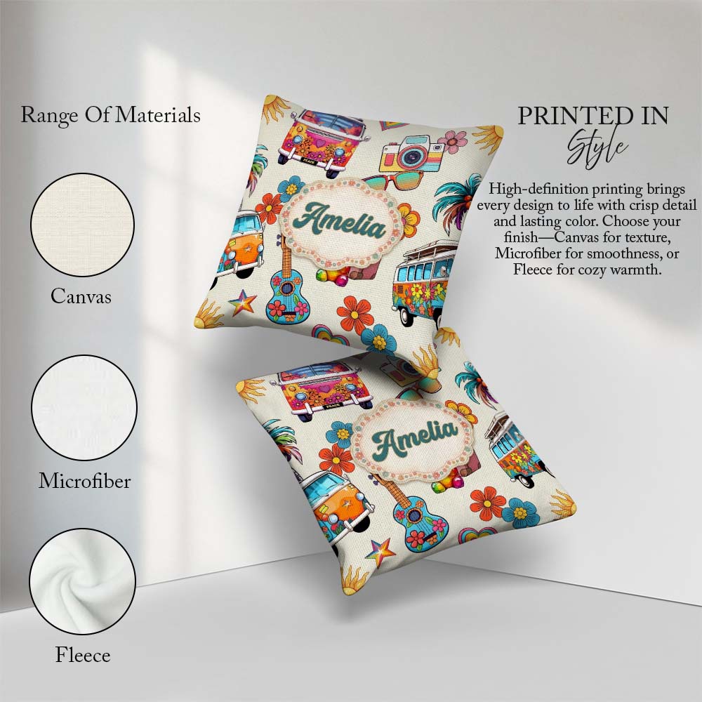 Custom Name Hippie Camera Guitar Floral Travel Cream Background Square Filled Cushion Throw Pillow Sofa Bed Home Decor Zip Washable UK Made