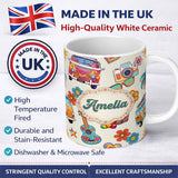 Personalized Custom Name Hippie Van Camera Guitar Floral Travel Cream Background Seamless 11oz Ceramic Coffee Tea Mug White Large Handle