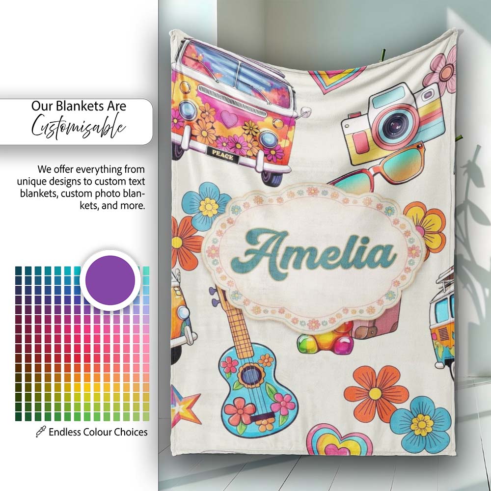 Hippie Van Camera Guitar Floral Travel Cream Background Seamless  Personalised Custom Name Super Soft Fleece Blanket Bed Sofa Throw