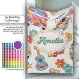 Hippie Van Camera Guitar Floral Travel Cream Background Seamless  Personalised Custom Name Super Soft Fleece Blanket Bed Sofa Throw