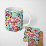 Personalized Custom Name Hippie Van Camera Guitar Floral Travel Teal Background Seamless 11oz Ceramic Coffee Tea Mug White Large Handle