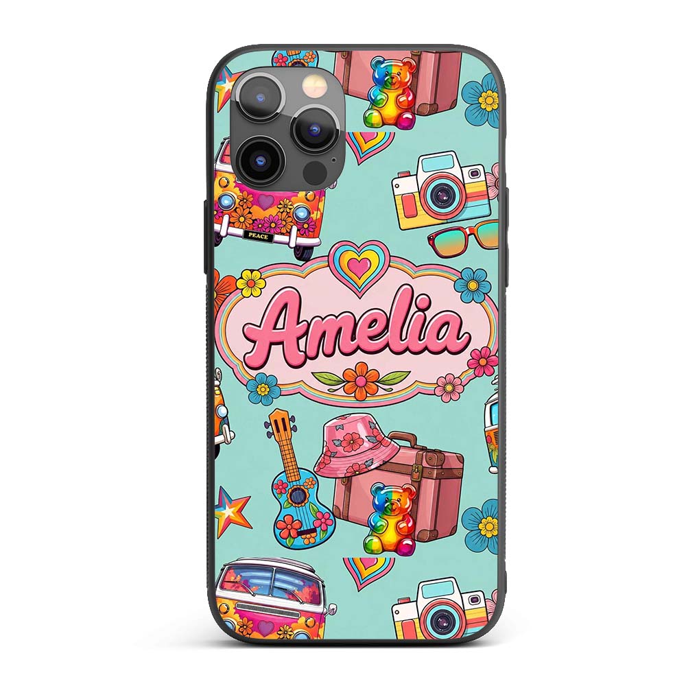 Hippie Van Camera Guitar Floral Printed Design Custom Name Protective Phone Case Mobile Cover Durable Everyday Smartphone Shock Resistant