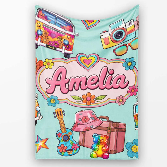 Hippie Van Camera Guitar Floral Travel Teal Background Seamless  Personalised Custom Name Super Soft Fleece Blanket Bed Sofa Throw