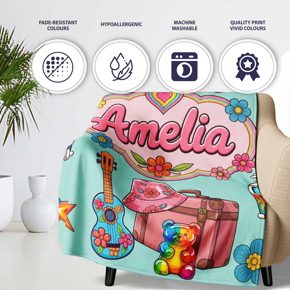 Hippie Van Camera Guitar Floral Travel Teal Background Seamless  Personalised Custom Name Super Soft Fleece Blanket Bed Sofa Throw