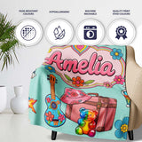 Hippie Van Camera Guitar Floral Travel Teal Background Seamless  Personalised Custom Name Super Soft Fleece Blanket Bed Sofa Throw