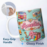 Personalized Custom Name Hippie Van Camera Guitar Floral Travel Teal Background Seamless 11oz Ceramic Coffee Tea Mug White Large Handle