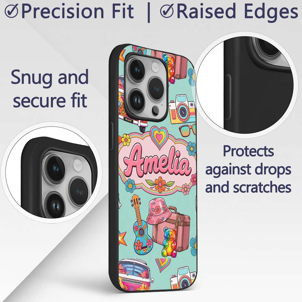 Hippie Van Camera Guitar Floral Printed Design Custom Name Protective Phone Case Mobile Cover Durable Everyday Smartphone Shock Resistant