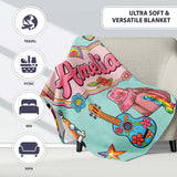 Hippie Van Camera Guitar Floral Travel Teal Background Seamless  Personalised Custom Name Super Soft Fleece Blanket Bed Sofa Throw
