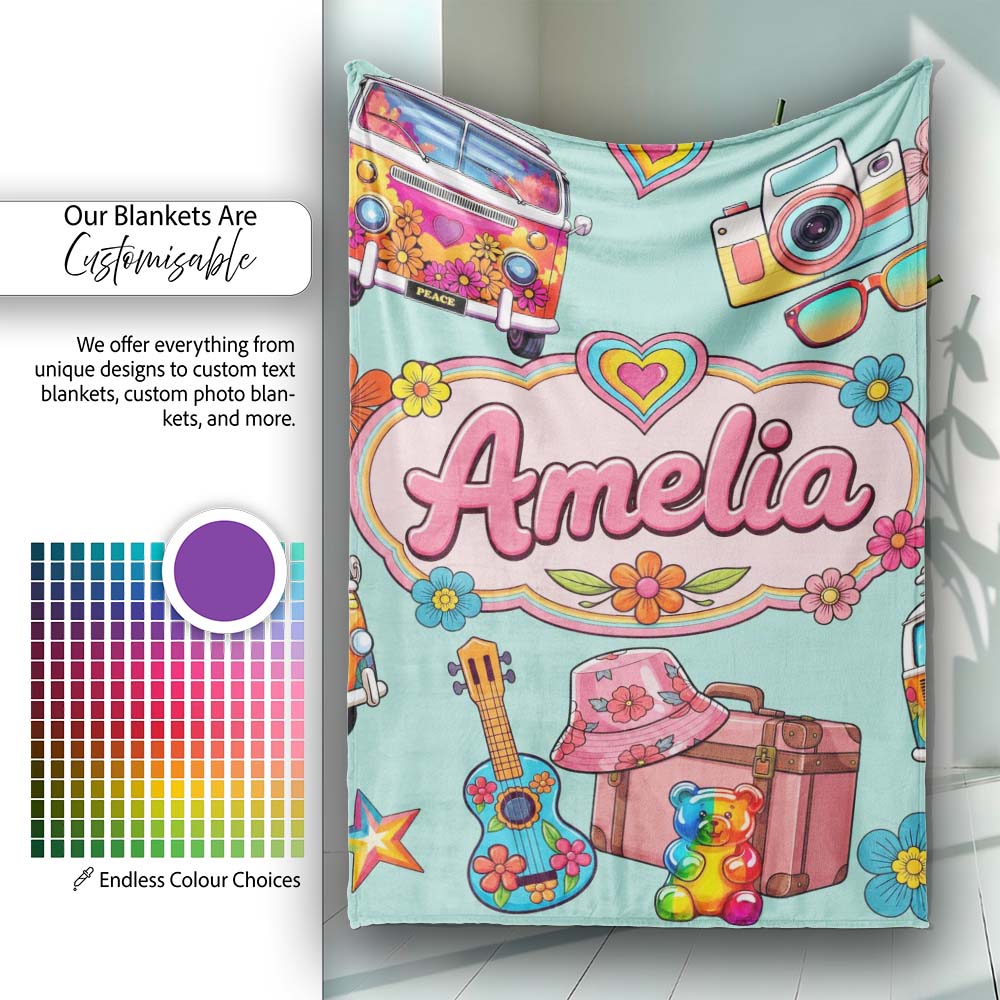Hippie Van Camera Guitar Floral Travel Teal Background Seamless  Personalised Custom Name Super Soft Fleece Blanket Bed Sofa Throw