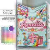 Hippie Van Camera Guitar Floral Travel Teal Background Seamless  Personalised Custom Name Super Soft Fleece Blanket Bed Sofa Throw