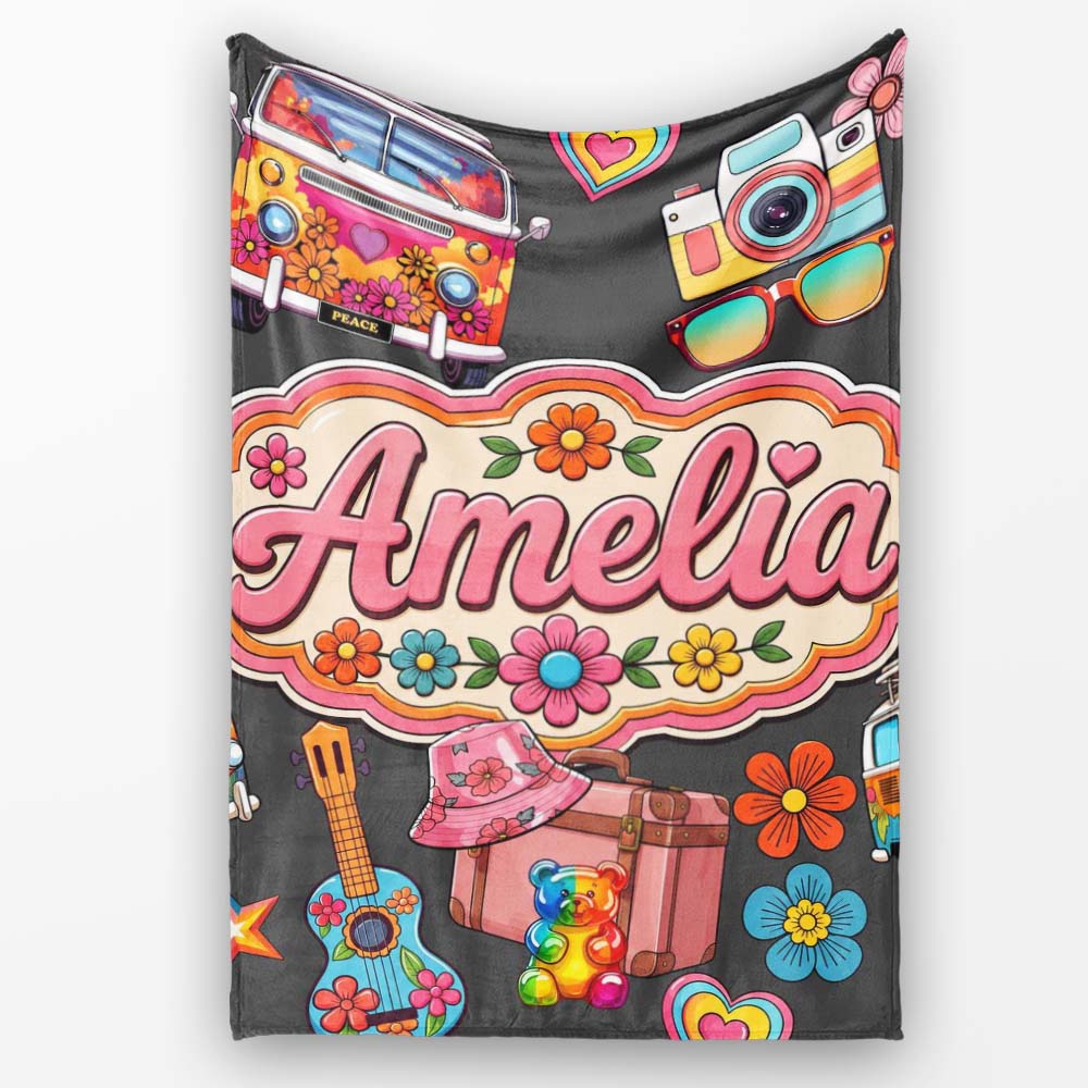 Hippie Van Camera Guitar Floral Travel Dark Background Seamless  Personalised Custom Name Super Soft Fleece Blanket Bed Sofa Throw