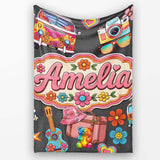 Hippie Van Camera Guitar Floral Travel Dark Background Seamless  Personalised Custom Name Super Soft Fleece Blanket Bed Sofa Throw