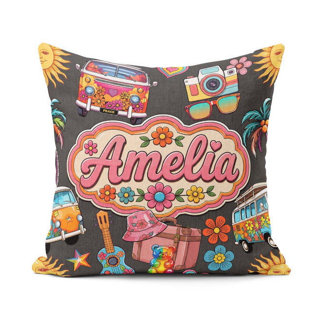 Custom Name Hippie Van Camera Guitar Floral Travel Dark Seamless Square Filled Cushion Throw Pillow Sofa Bed Home Decor Zip Washable UK Made