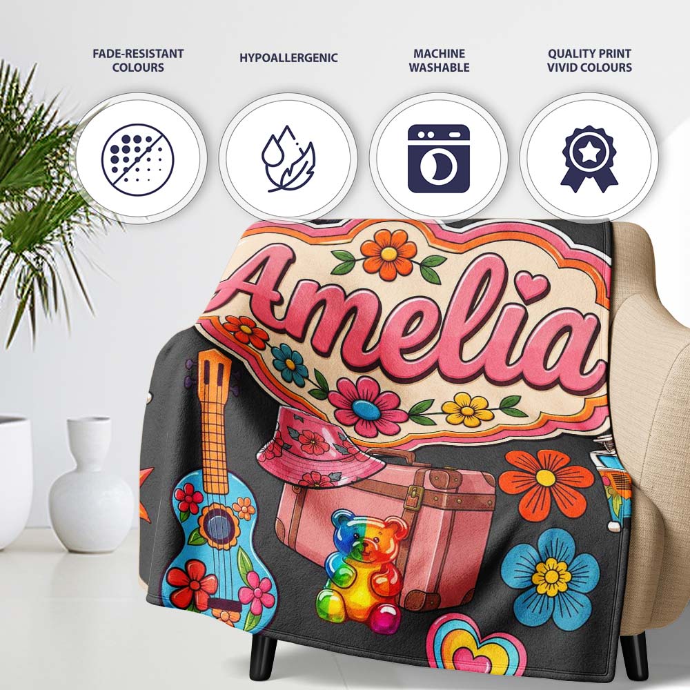Hippie Van Camera Guitar Floral Travel Dark Background Seamless  Personalised Custom Name Super Soft Fleece Blanket Bed Sofa Throw