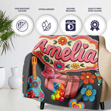Hippie Van Camera Guitar Floral Travel Dark Background Seamless  Personalised Custom Name Super Soft Fleece Blanket Bed Sofa Throw