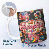 Personalized Custom Name Hippie Van Camera Guitar Floral Travel Dark Background Seamless 11oz Ceramic Coffee Tea Mug White Large Handle