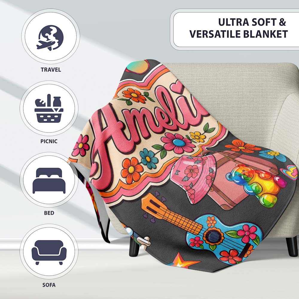 Hippie Van Camera Guitar Floral Travel Dark Background Seamless  Personalised Custom Name Super Soft Fleece Blanket Bed Sofa Throw