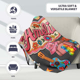 Hippie Van Camera Guitar Floral Travel Dark Background Seamless  Personalised Custom Name Super Soft Fleece Blanket Bed Sofa Throw